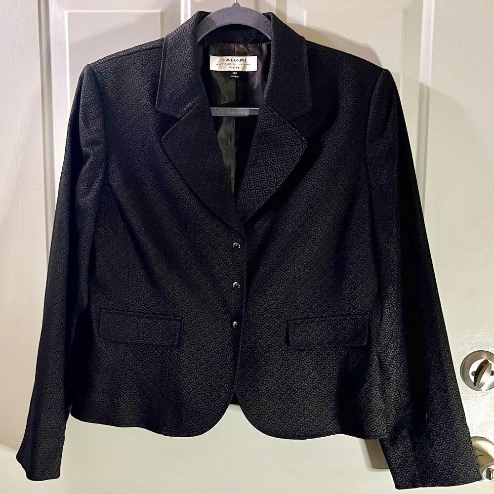 Tahari Arthur S. Levine SZ 14 Petite 3 Snap Button Print Blazer Black & Brown